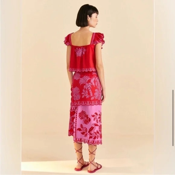 FARM RIO Red Palm Tree Richelieu Midi Skirt - Picture 6 of 6